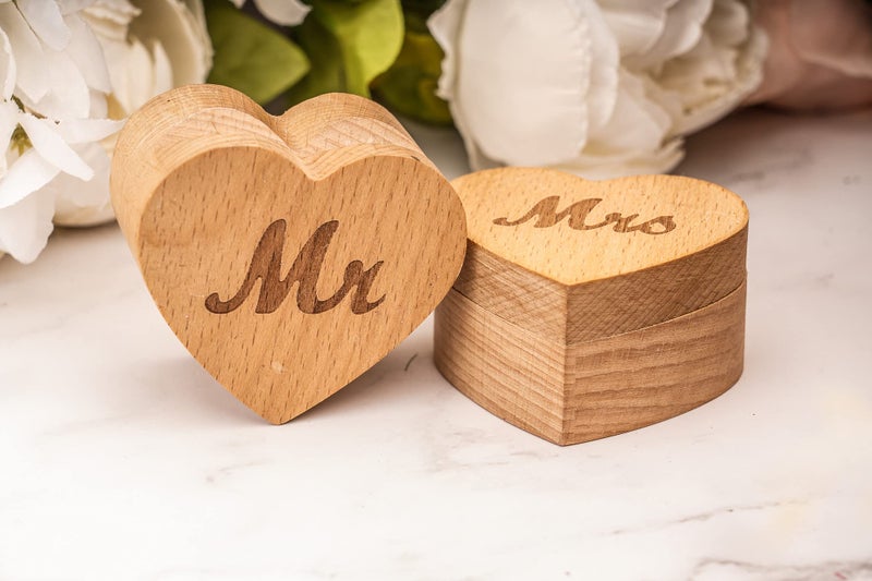 Strova Heart Shaped Wooden Ring Box for Wedding Rings â€“ Set of 2 with Engraved Mr. & Mrs. Lettering â€“ Ring Bearer Box for Display or Personal Organizer â€“ Protective Ring Cushions and Magnetic Closure - Image 3